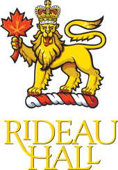 A yellow lion wearing a crown, holding a red maple leaf. Below are the words "Rideau Hall"